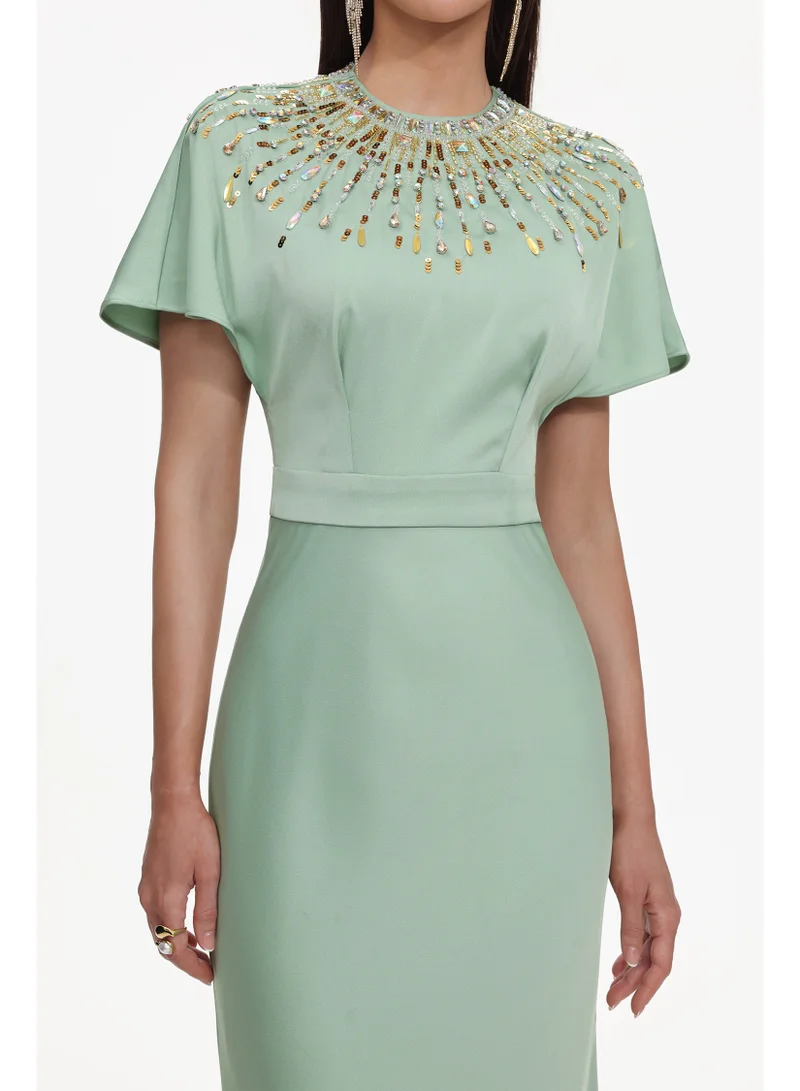 Bella Barnett  Lacey Elegant Tailored Short Sleeve Crystal Embellished Satin Maxi Dress for Women | Best Price UAE